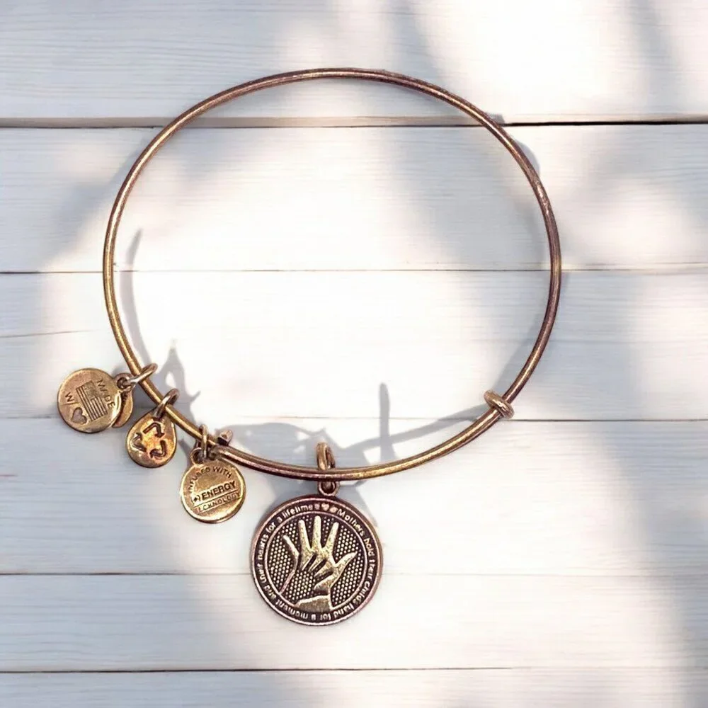Alex & Ani Hand In Hand Gold-Toned Adjustable Charm Bangle With Medallions